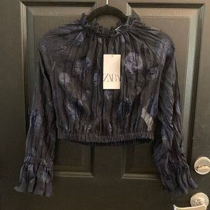 Zara NWT Womens navy blue long sleeve cropped sheer top